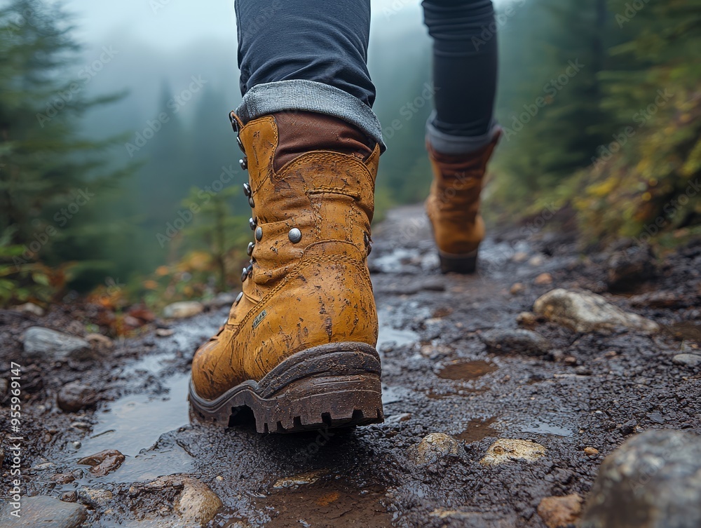 Hiking Boots Muddy Trail Forest Trekking Adventure Hiking Boots Muddy Trail Forest Trekking Adventure