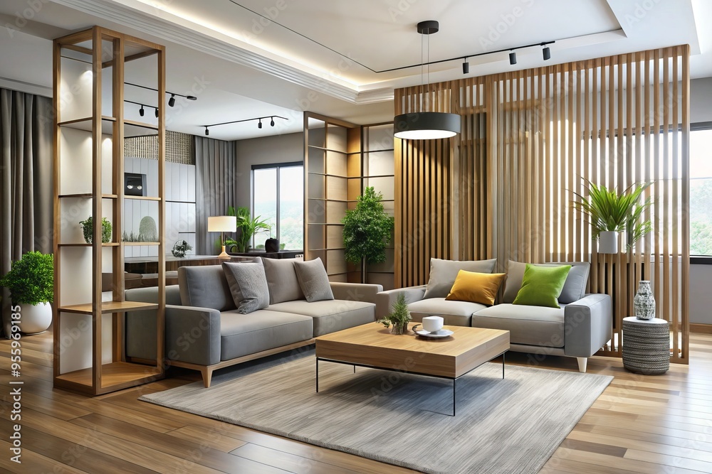 Fototapeta premium Sophisticated, modern accents and a dividing room piece bring refinement to the living room, blending style and