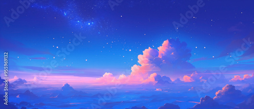 Dreamy night sky background with stars and clouds in a cute, whimsical style. 