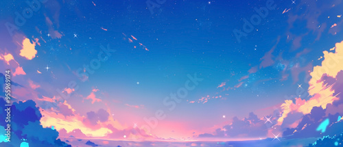 Dreamy night sky background with stars and clouds in a cute, whimsical style. 