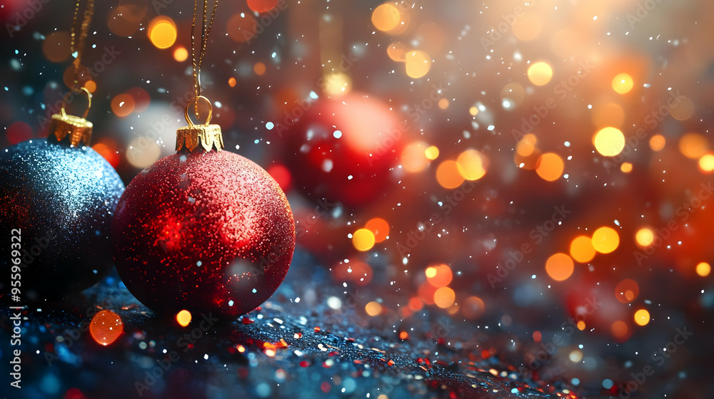 Red and Blue Christmas Ornaments with Bokeh Lights and Snow Red and Blue Christmas Ornaments with Bokeh Lights and Snow