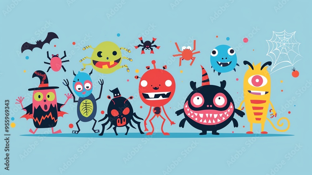 Obraz premium Cartoon monsters, spider webs, costumes, Halloween party, flat design illustration