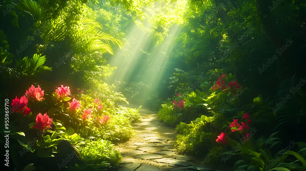Fototapeta premium Sunbeams Through Rainforest Path with Red Flowers