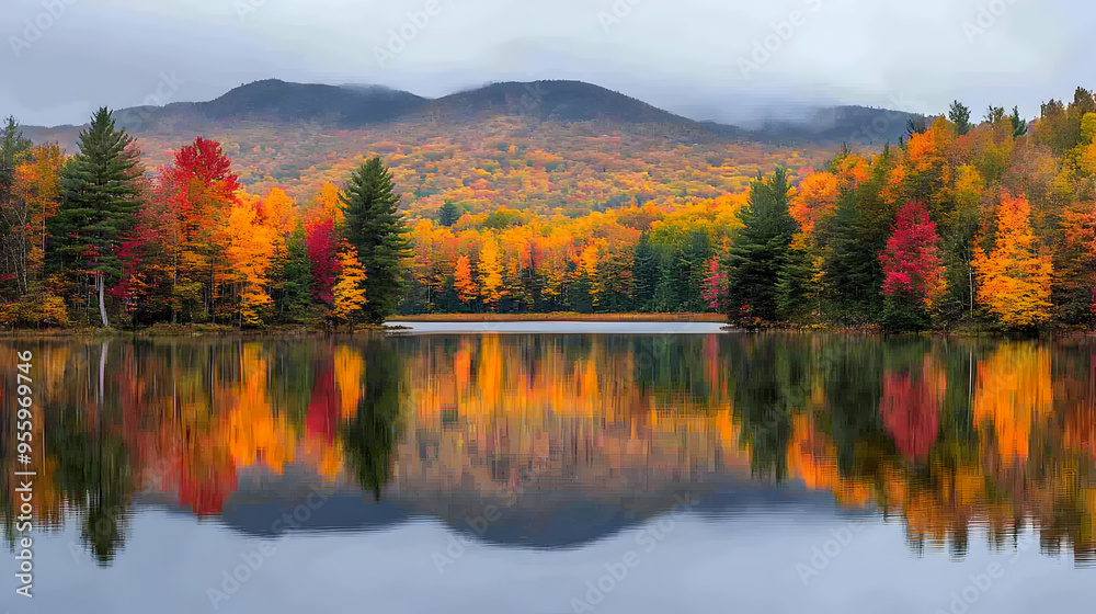 Fototapeta premium Autumn Foliage Reflected in Still Lake with Mountains in Background