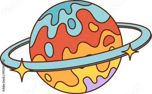 Cartoon retro planet in 70s or 80s hippie groovy art, vector symbol. Cartoon space Saturn planet with psychedelic lava flow and galaxy stars shine in 70s or 80s retro hippie style for funky sticker