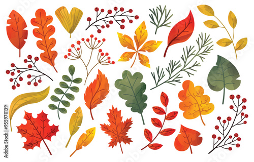 Warm cozy set of fall botanical elements. Collection of autumn design elements with red, yellow, gold oak, maple leaves, spruce branches and mountain ash. Watercolor vector illustration.