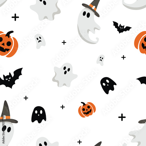 Cute halloween seamless pattern on white background. Halloween characters, cartoon ghost, pumpkin, bats. Print for fabric texture, decoration, wrapping paper. Vector illustration