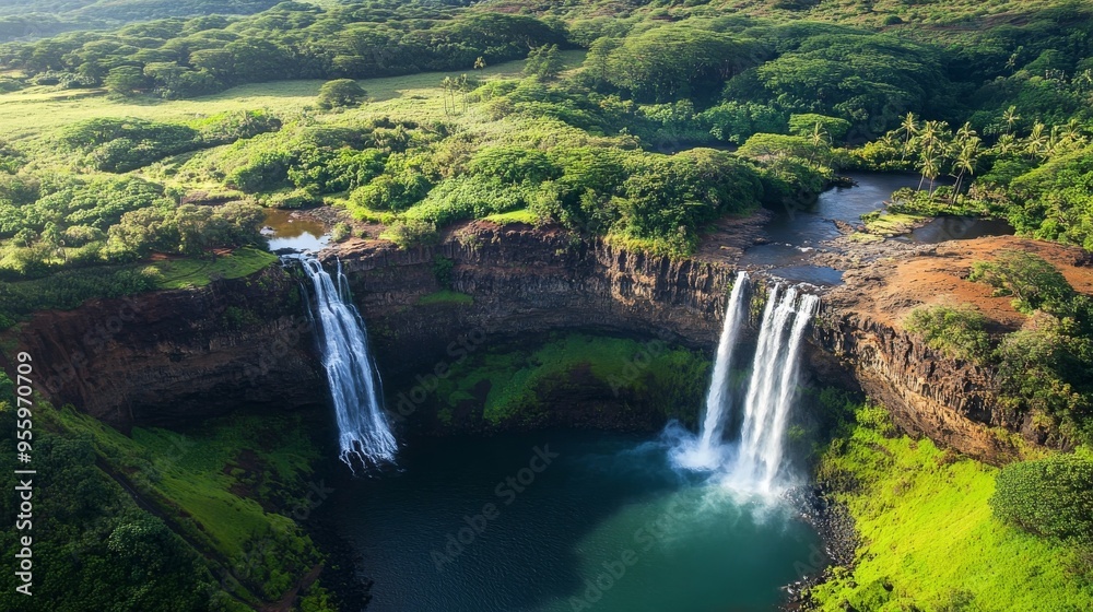 Fototapeta premium Helicopter view of Manawaiopuna Falls and Kauai.
