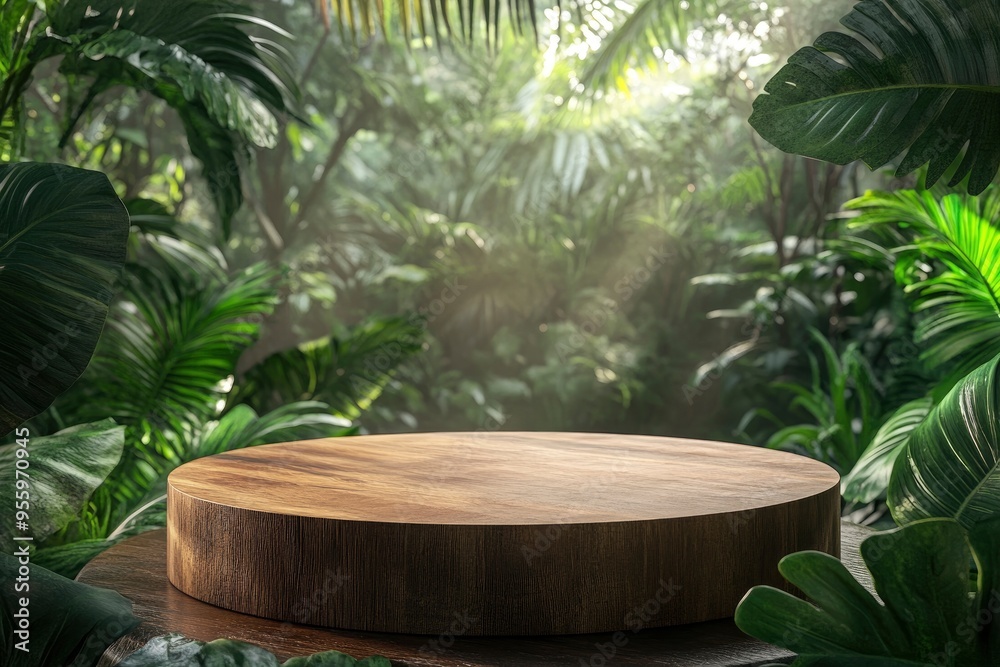 Wooden circle podium in tropical forest for product presentation and green background.3d rendering with generative ai Wooden circle podium in tropical forest for product presentation and green background.3d rendering with generative ai