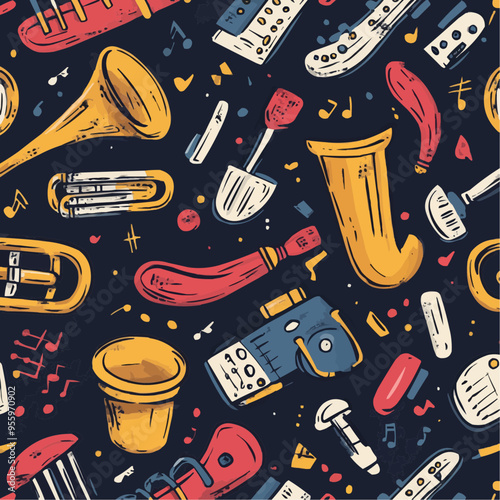 A colorful pattern featuring various musical instruments and notes.