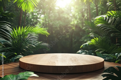 Wooden circle podium in tropical forest for product presentation and green background.3d rendering with generative ai