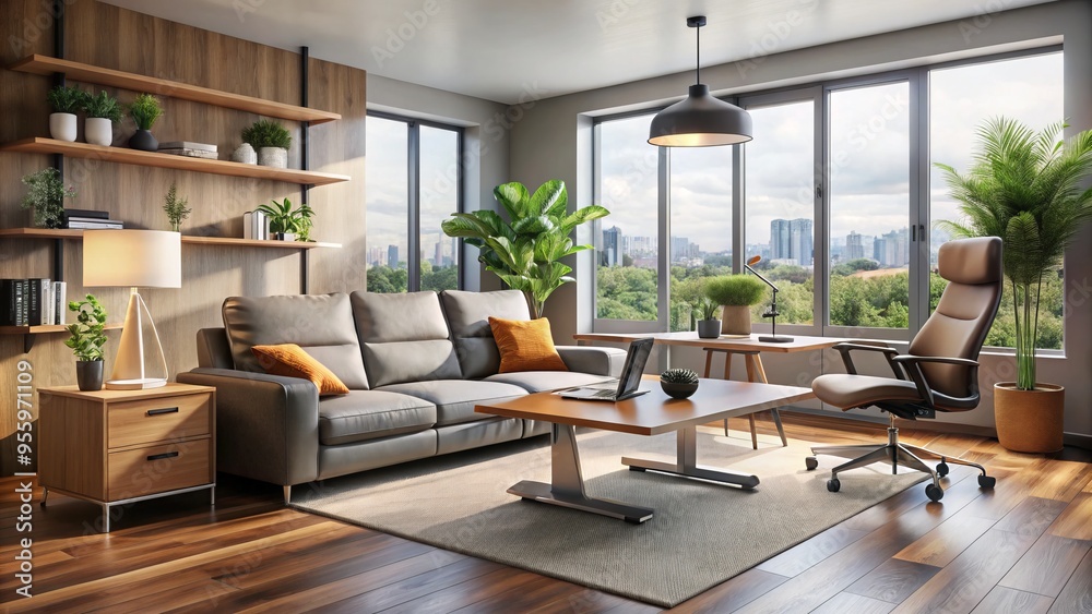 Fototapeta premium The living room features ergonomic furniture designed to promote unparalleled comfort and alleviate back strain,