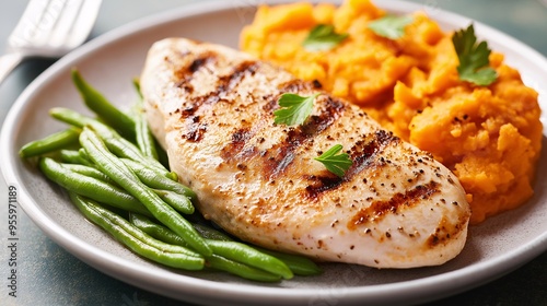 Grilled Chicken Delight: A culinary masterpiece featuring a perfectly grilled chicken breast, fluffy sweet potato mash, and vibrant green beans, all artfully plated for a satisfying and nutritious 