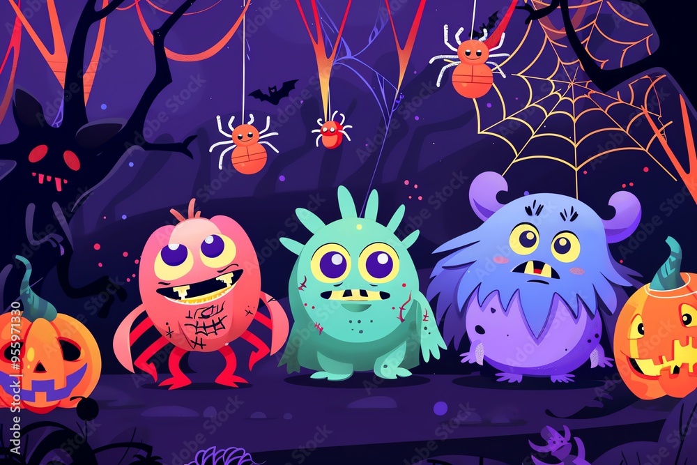 Obraz premium Costumes, spider webs, Halloween party, cartoon monsters, flat design illustration