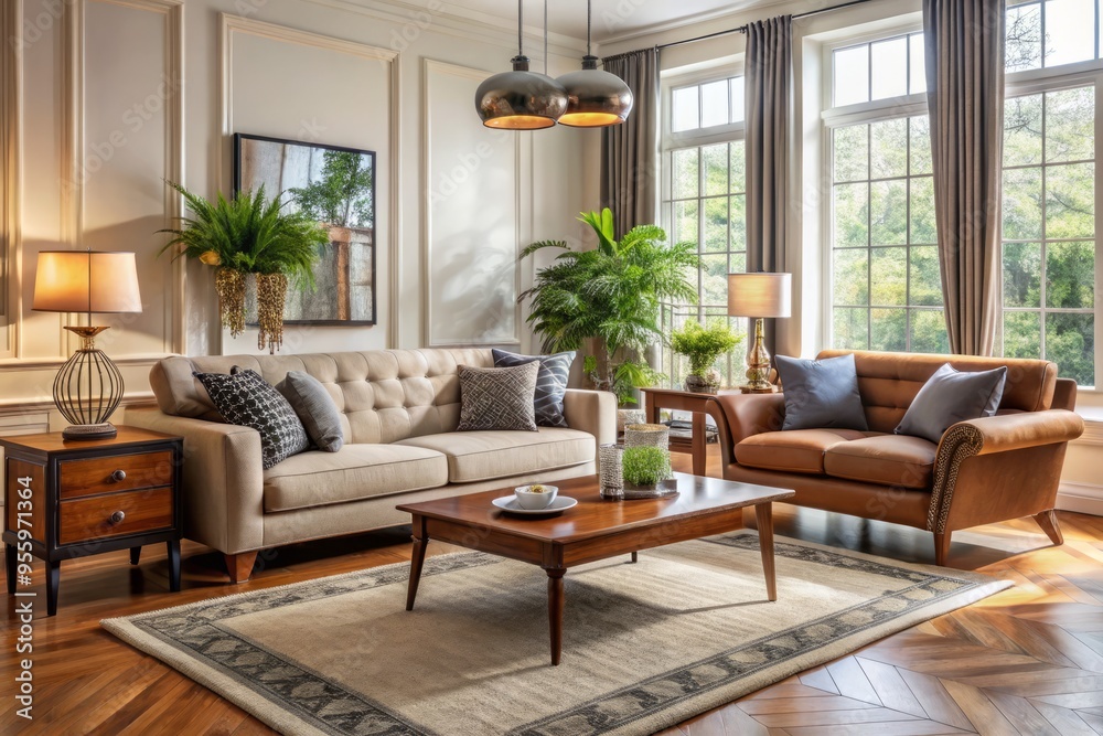 The living room is a serene oasis, featuring a plush sofa, armchair, and gleaming coffee table, all harmoniously The living room is a serene oasis, featuring a plush sofa, armchair, and gleaming coffee table, all harmoniously