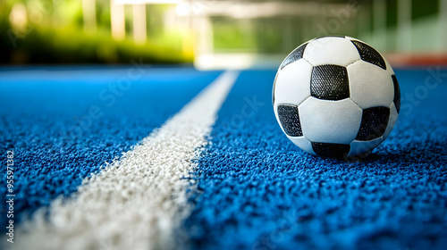 Soccer Ball on Blue Artificial Turf with White Line