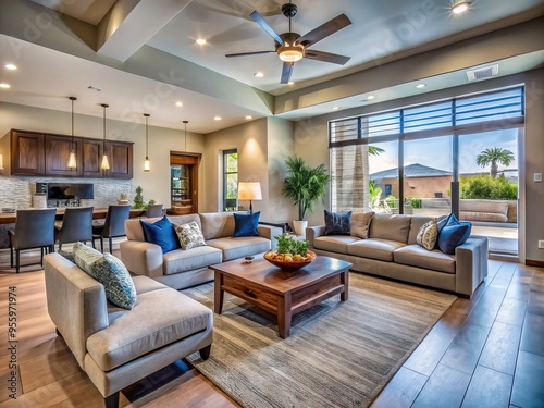 This Chandler residence features plush sectionals in a soothing green hue, paired with chunky area rugs and