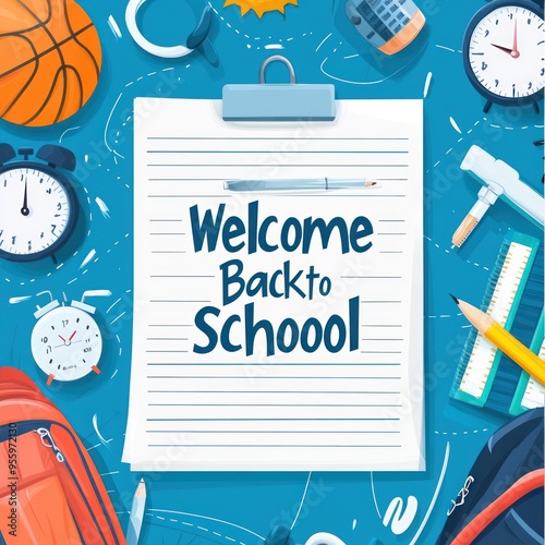 Illustration of a Welcome Back to School Note Paper with School Supplies