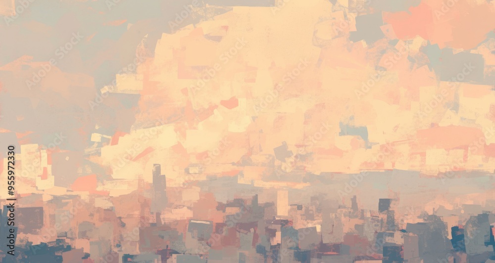 Naklejka premium Abstract Painting with Brushstrokes in Muted Peach and Grey Tones, Featuring a Blurred Cityscape and Grainy Texture. Modern Art with Soft Edges and a Neutral Color Palette.