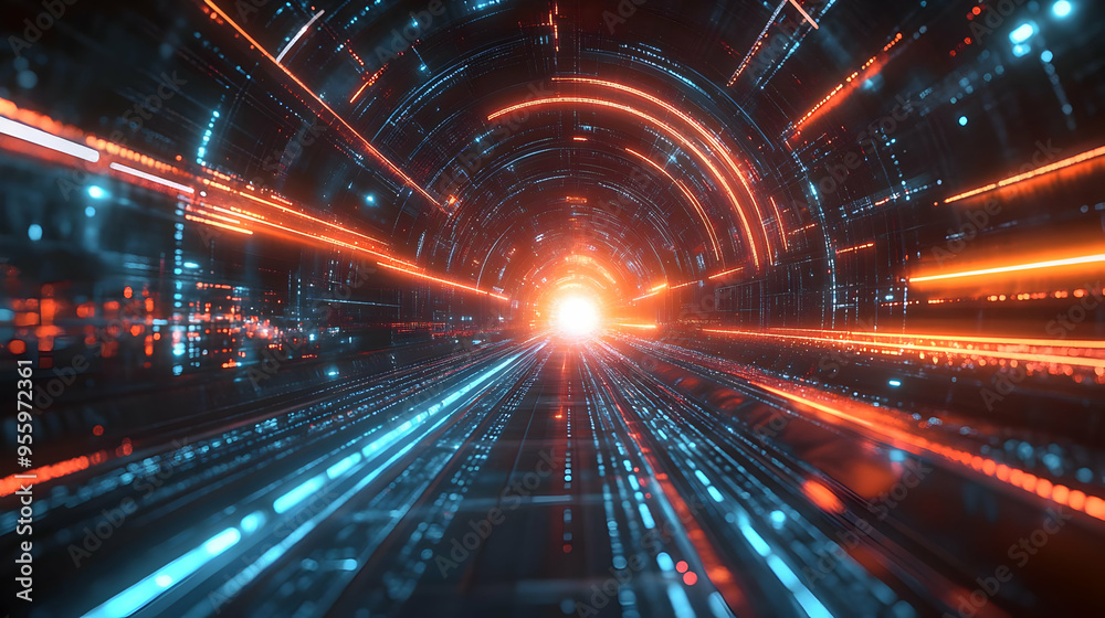 Abstract Digital Tunnel with Neon Lights and Data Stream Abstract Digital Tunnel with Neon Lights and Data Stream