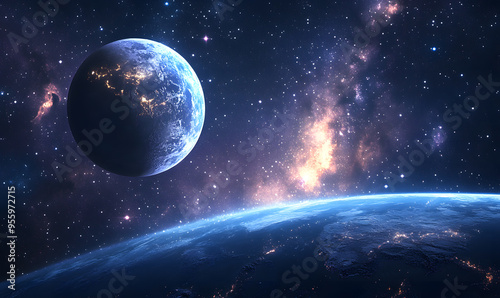 graphics of space, planets, and astronauts on a white background.