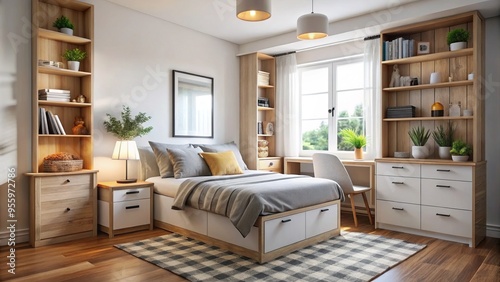 This inviting bedroom combines a plush bed, stylish dresser, and thoughtful storage to create a serene atmosphere, free photo