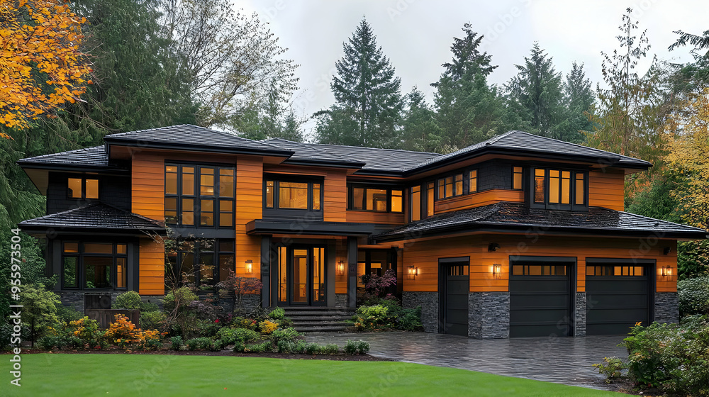 Modern Luxury Home with Black Windows and Stone Facade Modern Luxury Home with Black Windows and Stone Facade