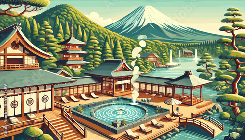 Japanese Onsen Tour (Hakone, Beppu, etc.).
Vector illustration.