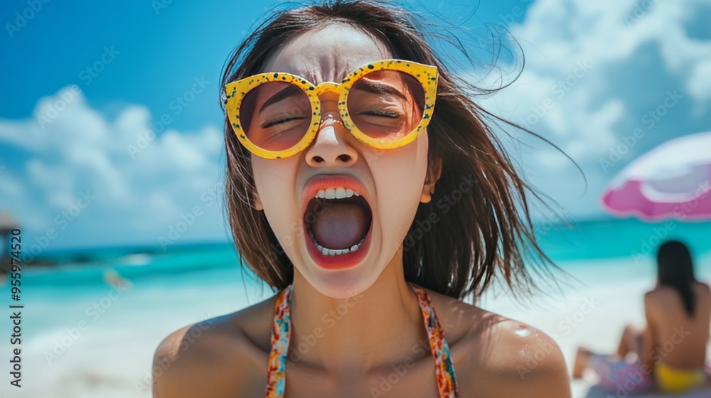 Asian model surrounded by beach items. Asian model surrounded by beach items.