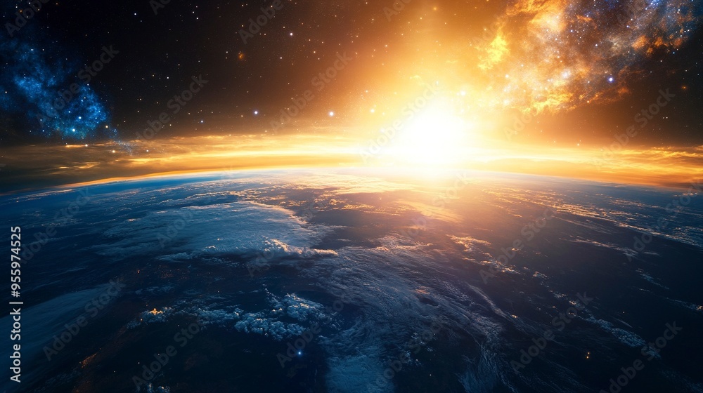View of the Earth, star and galaxy. Sunrise over planet Earth, view from space. View of the Earth, star and galaxy. Sunrise over planet Earth, view from space.