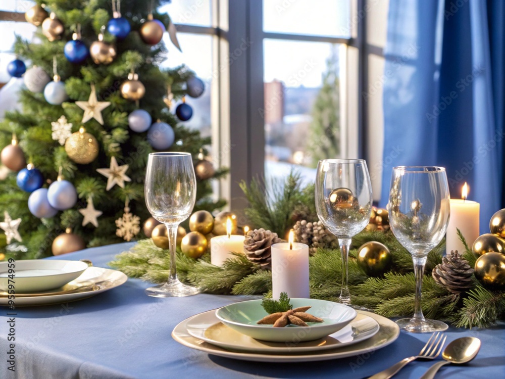 beautifully decorated new year table in blue tones beautifully decorated new year table in blue tones