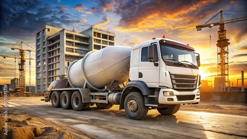 a real-life concrete mixer truck with its concrete mixer pointing up parked at work