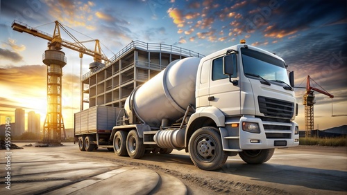 a realistic photo of a real-life concrete mixer truck with its concrete mixer pointing up parked at work