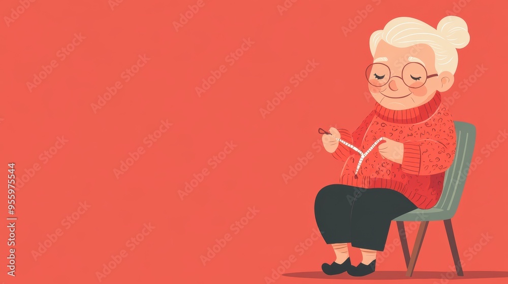 Smiling Elderly Woman Knitting in Cozy Home Chair during Winter Smiling Elderly Woman Knitting in Cozy Home Chair during Winter