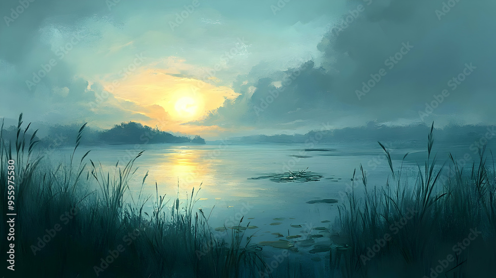 Obraz premium Tranquil Lake Sunset with Lush Grass and Water Lilies