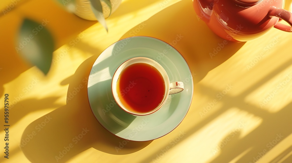 A cup of tea on a yellow surface with a previous teapot and saucer