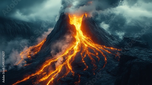 Erupting Volcano with Lava Flow and Smoke