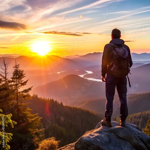 A man hiker standing on a cliff edge, gazing at a sprawling forest and mountain range. The hiker is silhouetted against the setting sun
