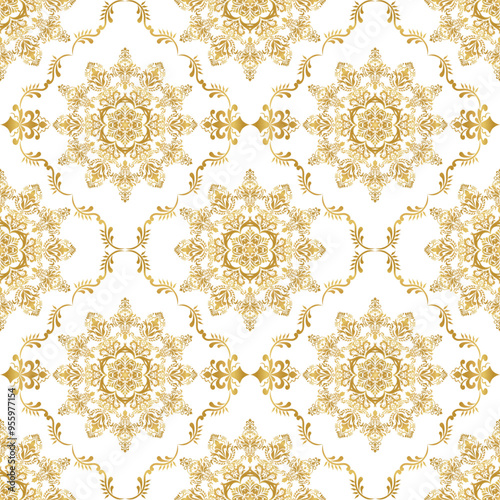 Classic Damask seamless pattern, Vintage gold design, element style, Golden floral ornament, Luxury Ornamental lace tracery, Victorian wallpaper, background, Vector Illustration for Textile Design