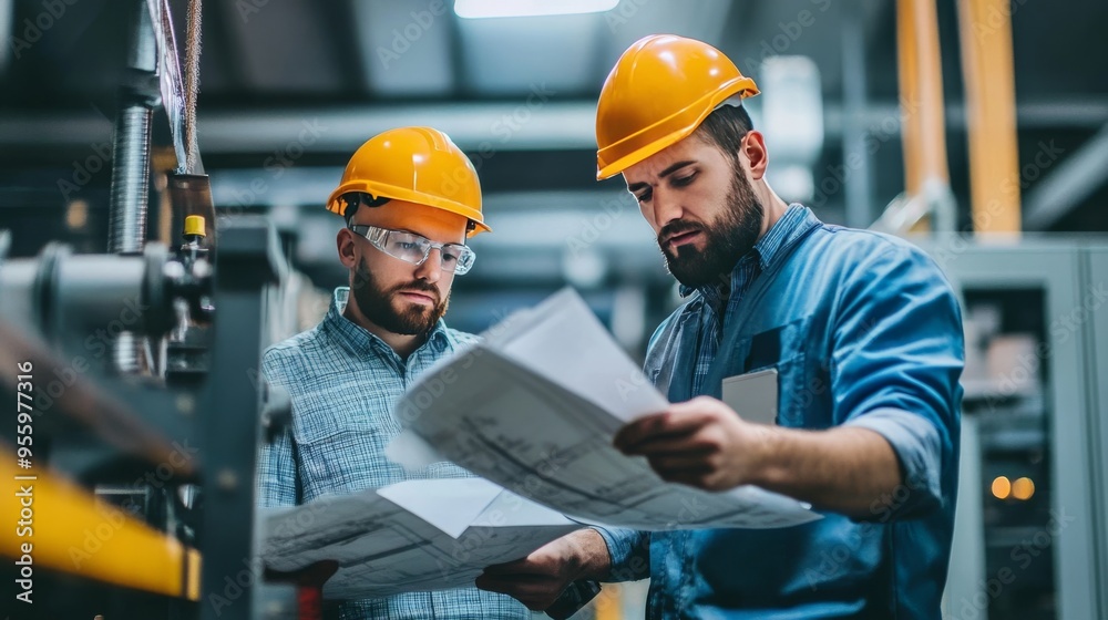 Worker and supervisor analyze schematics Worker and supervisor analyze schematics