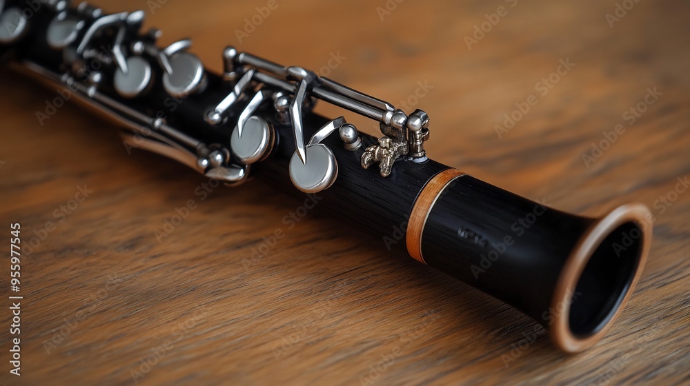 Naklejka premium Clarinet black wood body silver keys and detailed mouthpiece