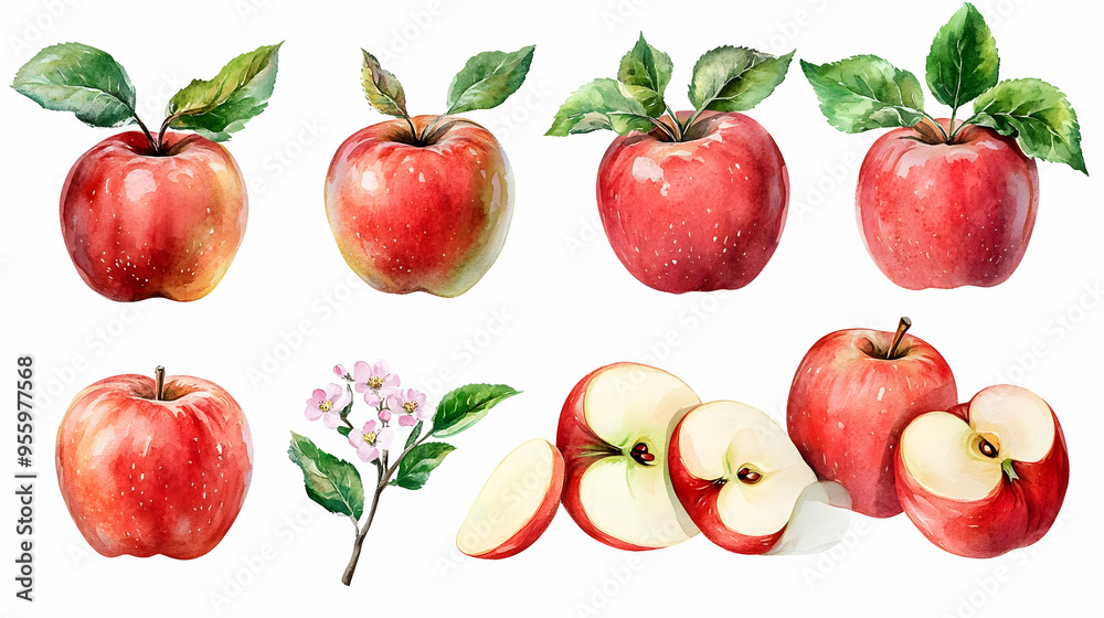 Watercolor Red Apples with Leaves and Flowers Isolated on White Background