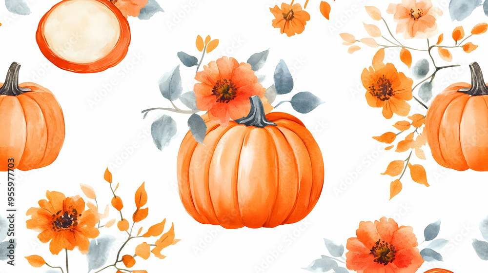 Fototapeta premium Watercolor Seamless Pattern with Pumpkins Flowers and Leaves