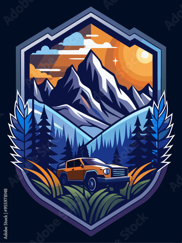 Orange Truck in a Mountainous Landscape with a Sunset Sky