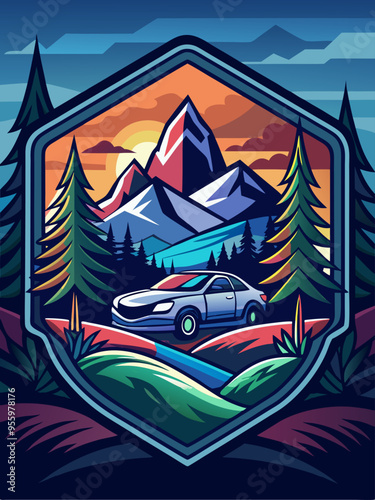 Car Driving Through Mountainous Landscape at Sunset