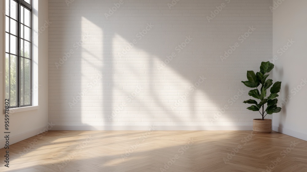 Fototapeta premium Bright and airy empty room with sunlight casting shadows and a potted plant, ideal for interior design concepts.