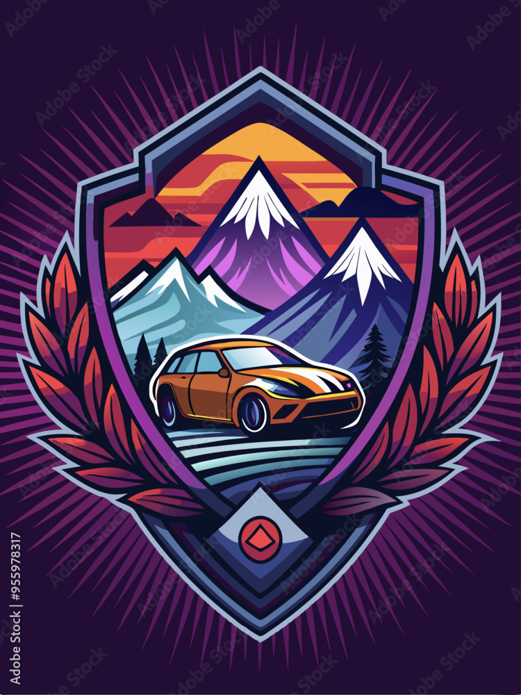 Obraz premium Mountainous Sunset With Orange Car In A Shield
