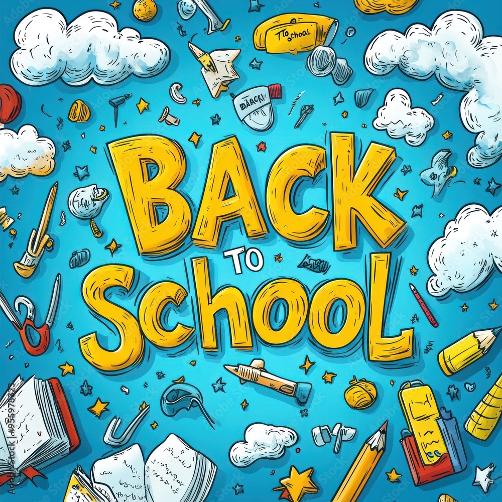 Fototapeta premium Back to School Illustration with Colorful Doodle Objects on Blue Background
