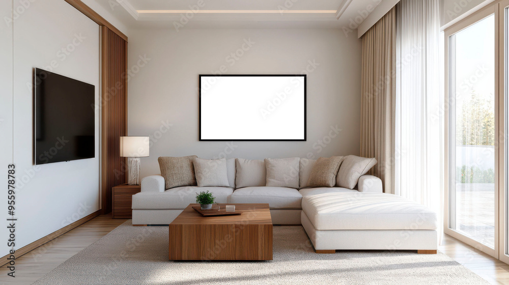 Fototapeta premium Modern living room interior with a cozy sofa, wooden coffee table, and large windows letting in natural light.