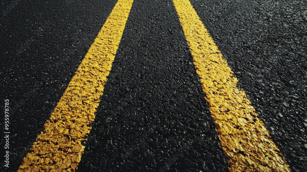 Fototapeta premium Two yellow lines on black asphalt